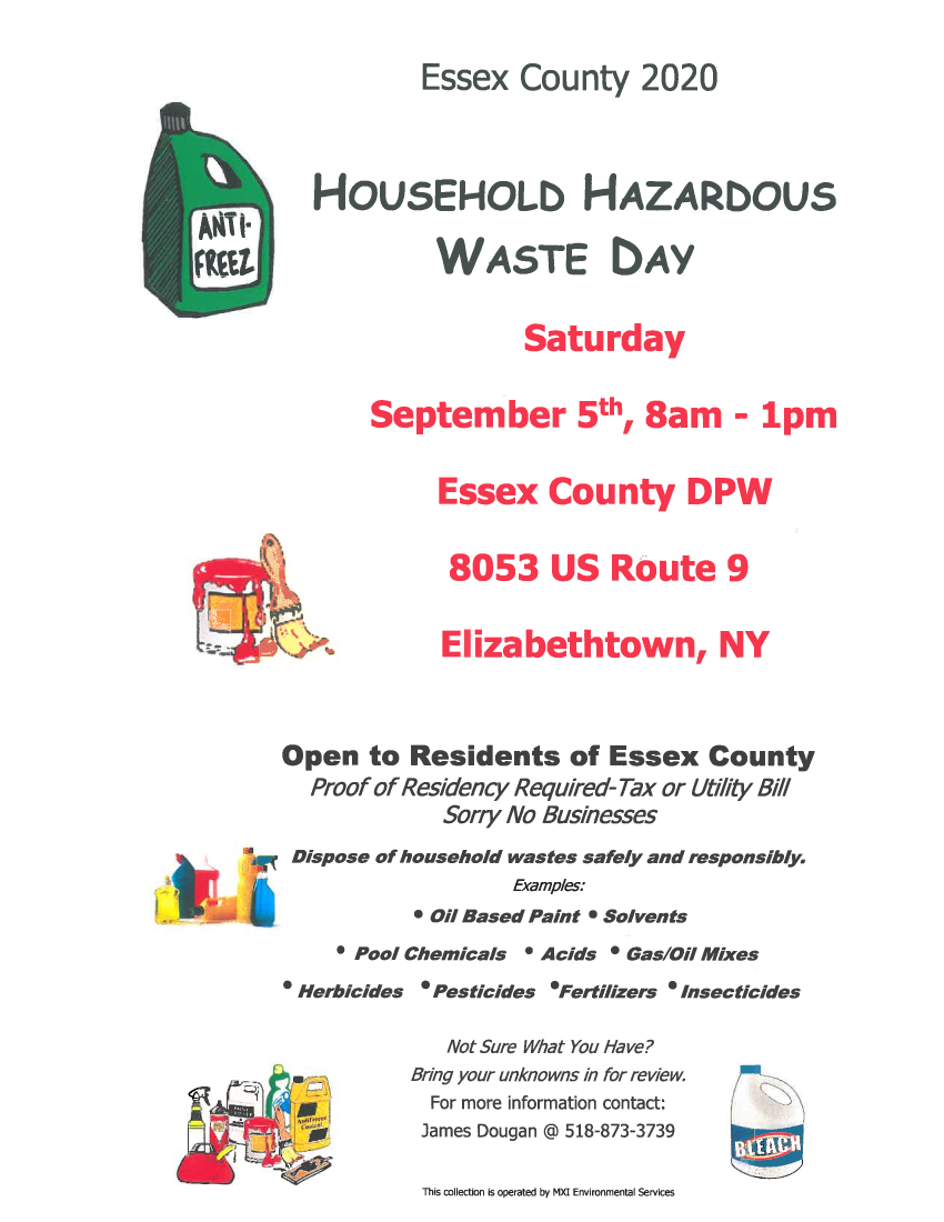 Household Hazardous Waste Day on Saturday September 5th, 2020. Town